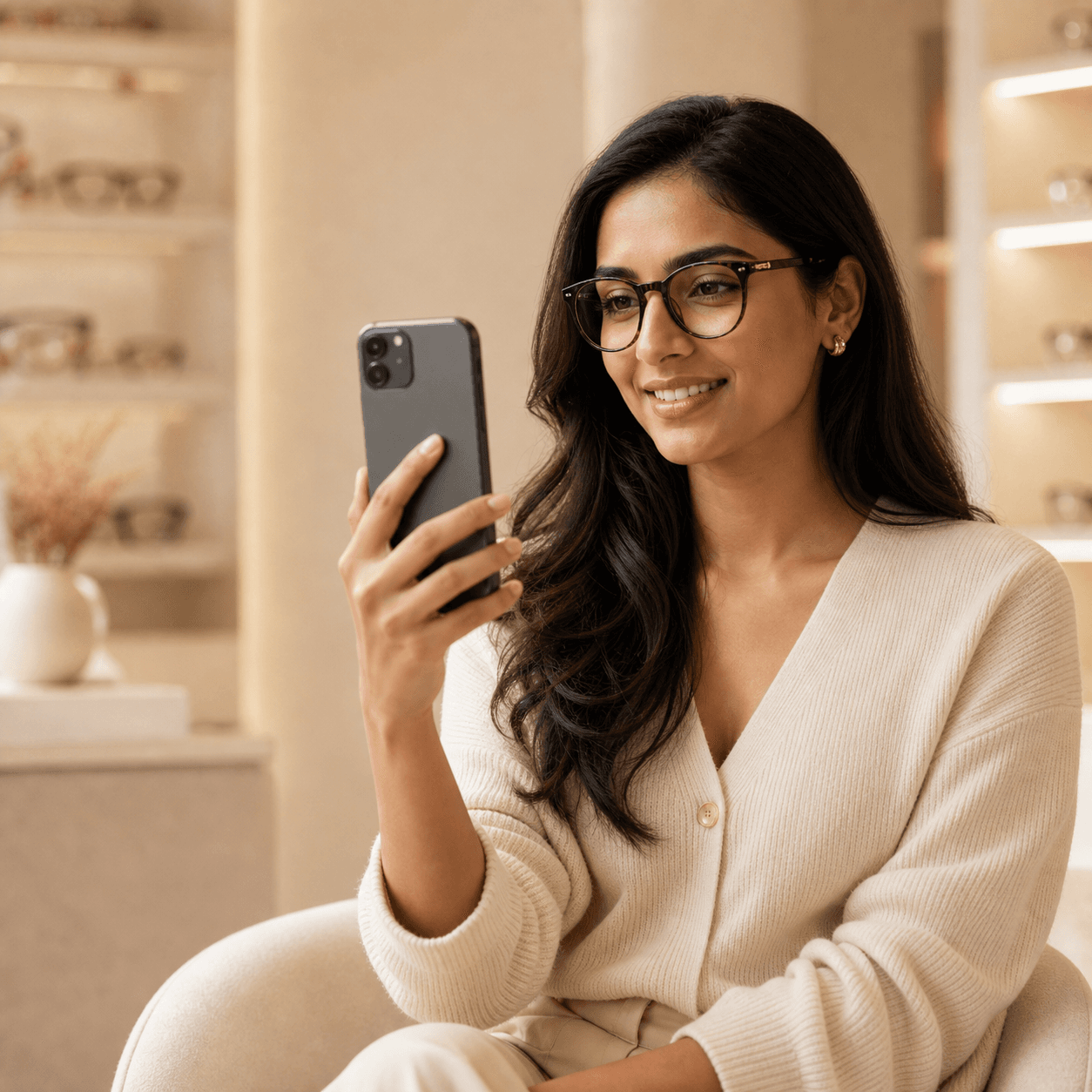 Customer previewing optical frames with virtual try-on